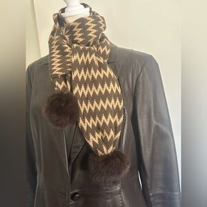 Carlisle Chevron Scarf in Brown and Tan with Real Fur Pom Poms NWOT